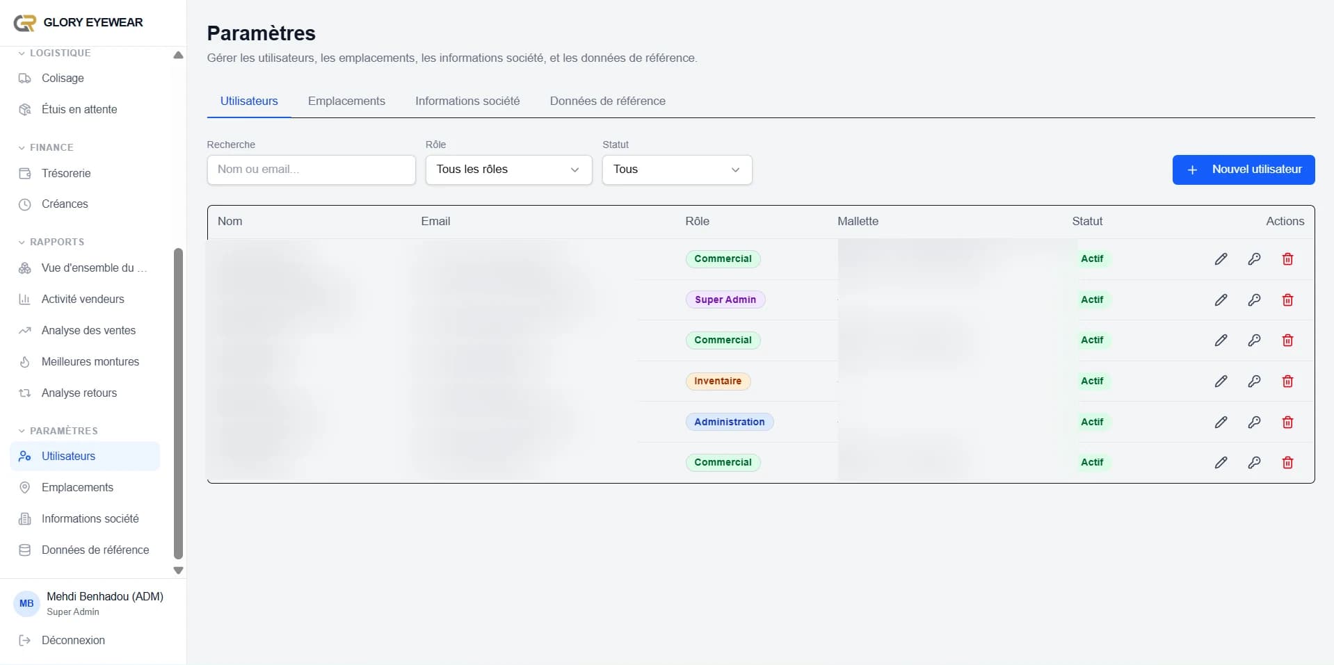 User management screen with role-based access per employee